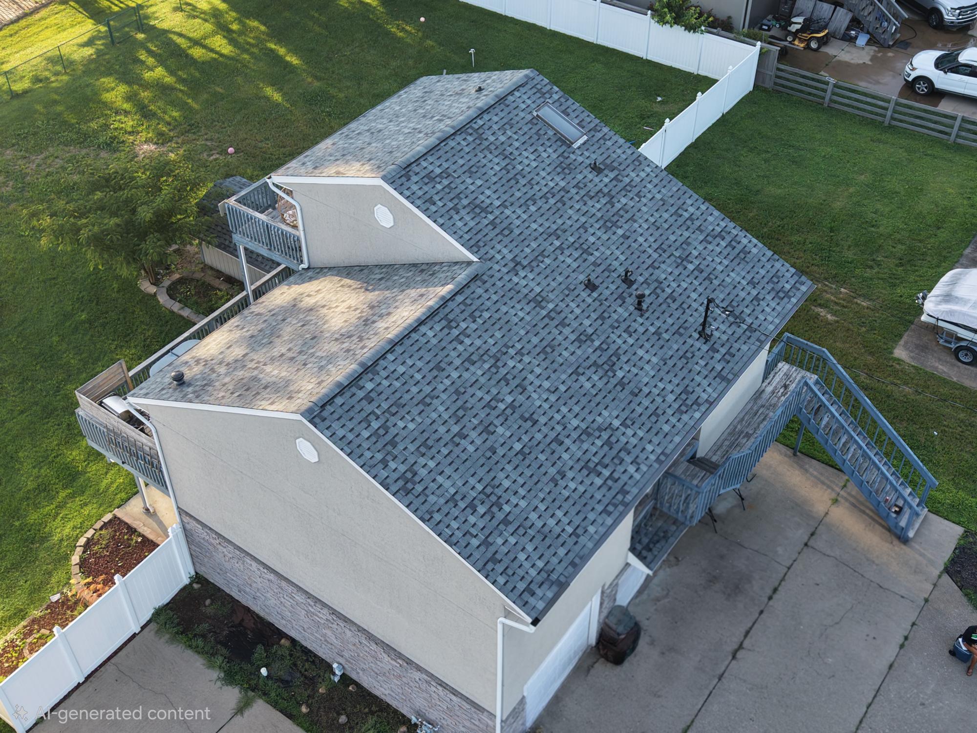 Overhead view of a new gray shingle roof with multiple gables and dormers